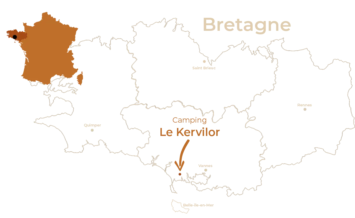 Carte Bretagne avec camping Le Kervilor localisé.